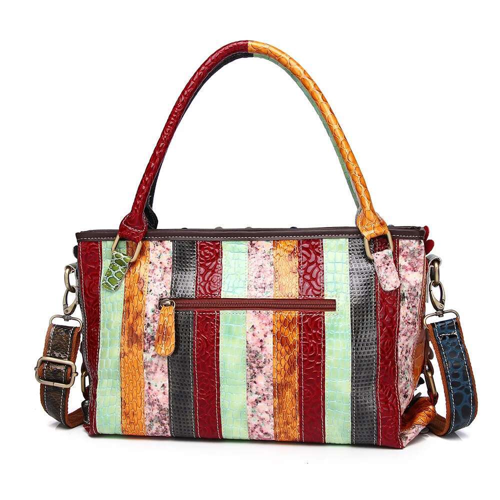 Genuine Leather Snakeskin Colorful Wers Contrast Rivet Fashion One-Shoulder Women's Handbag Tote Bag