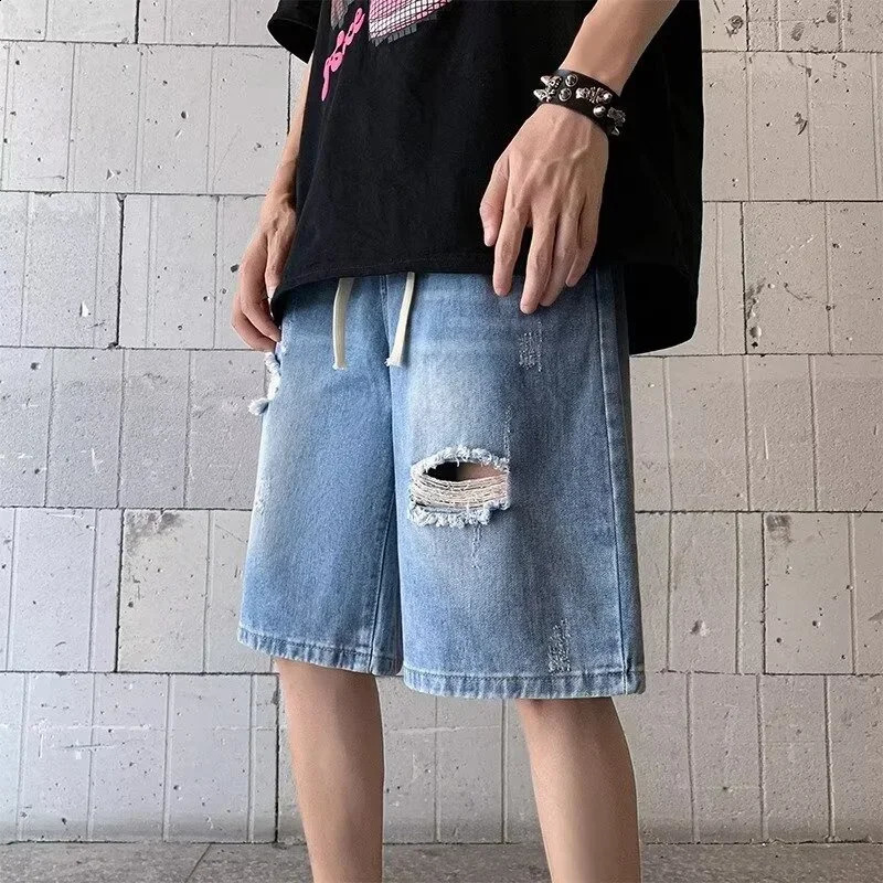 Summer Distressed Ripped Jorts Mens Drawstring Retro Fashion Denim Shorts Mens Y2K Streetwear Baggy Short Jeans Blue Bermuda 250210