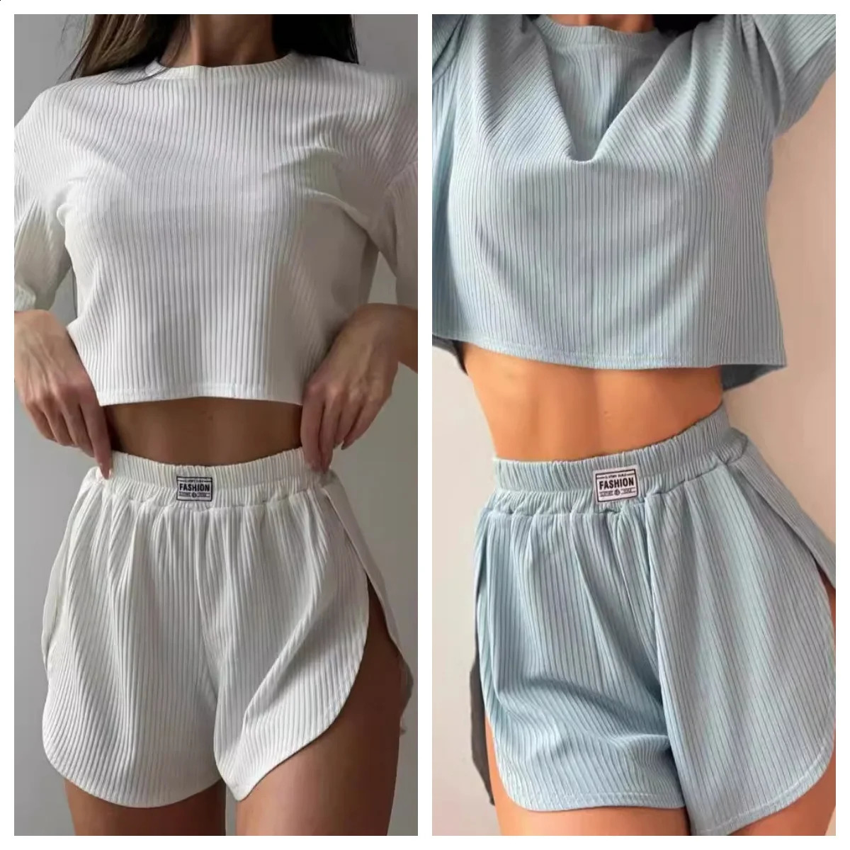 Linen Knitted Pajamas For Women 2 Piece Sets Loose Short Sleeve O Neck Crop Top Casual Female Suits With Shorts Summer Sleepwear 250213