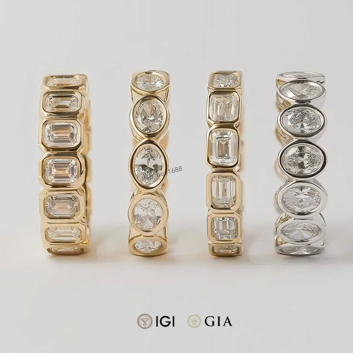 Igi certified lab grown diamond emerald oval cut bezel eternity band rings 18k 14k pure gold synthetic diamond ring