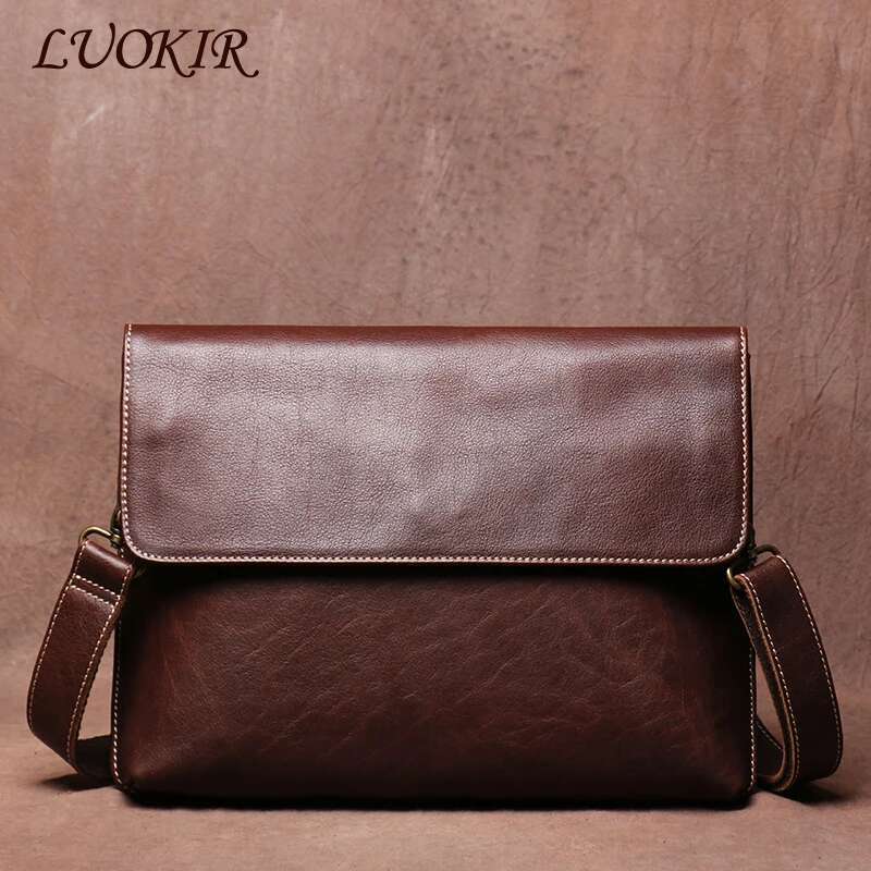 LUOKIR Vintage Genuine Leather Crossbody Men's Fashion Simple Shoulder Messenger Bags Casual Flap Cowhide Clutch Bag