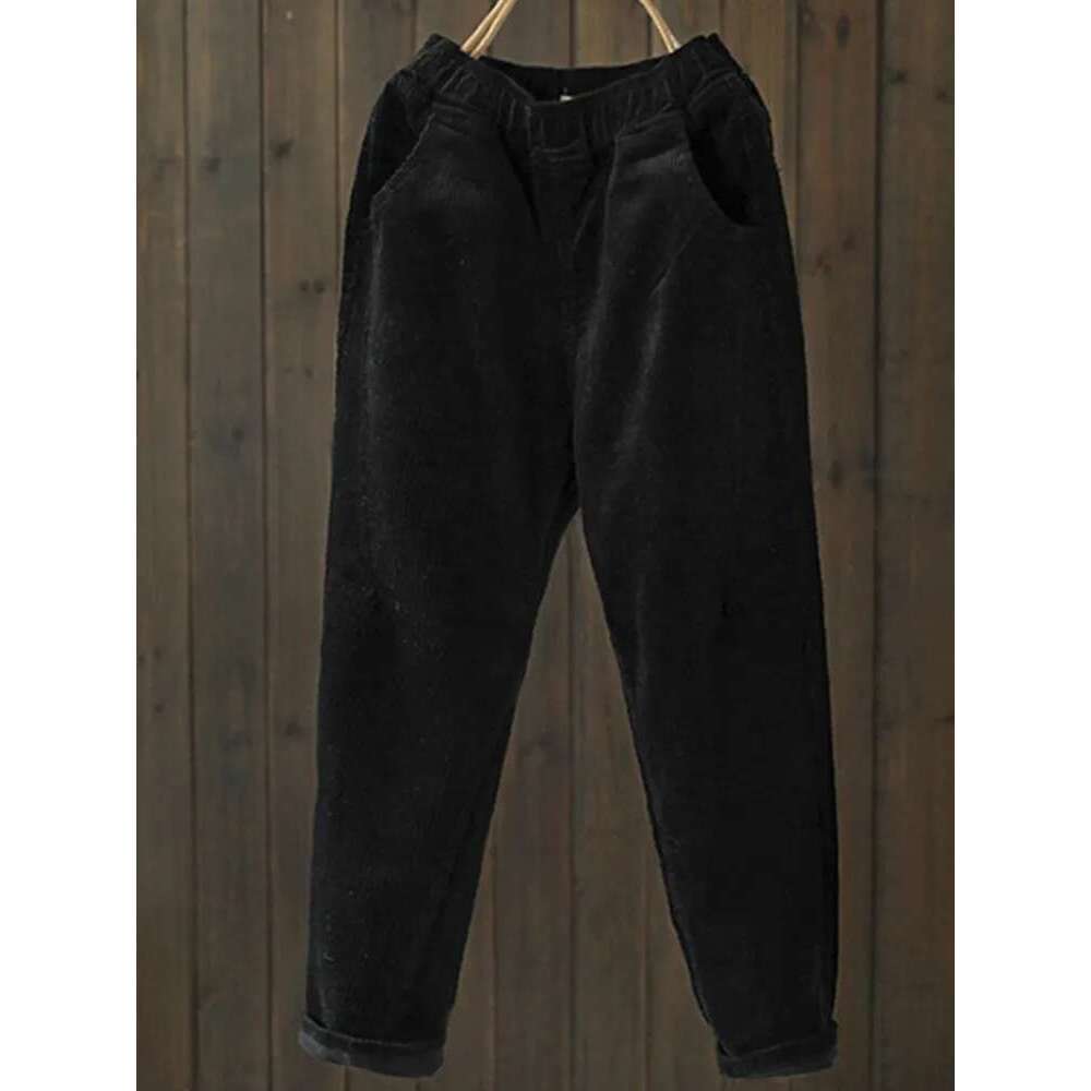 Corduroy For Elastic Waist Solid Color Trouser 2025 Spring New Women Cloths Pockets Casual Pants