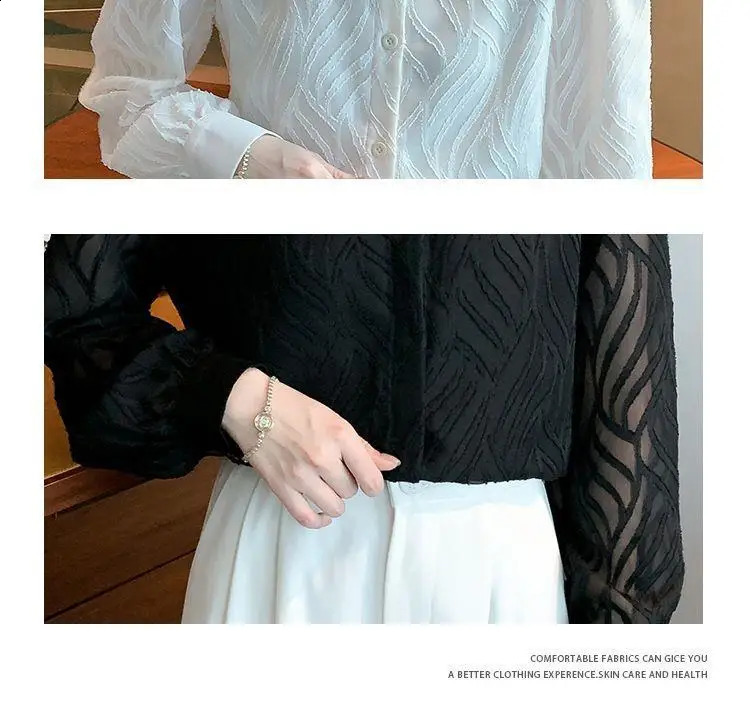 Polo Neck Black Chiffon Shirt Womens Niche Retro French Long-sleeved Top 250210