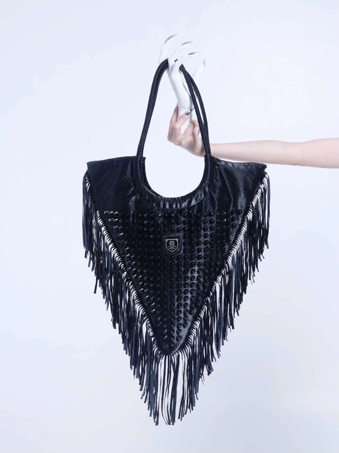 Eur And USA Street Fashion Punk Style Personality Rivet Tassel Design Big Size Triangle Shoulder Female Crossbody Bag