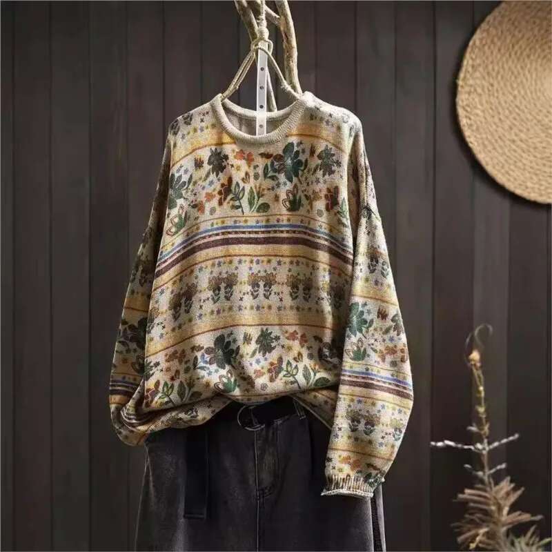 2025 Woman Autumn New Niche Vintage O-Neck Casual Loose Retro Chinese Style Long Sleeves Print Sweater