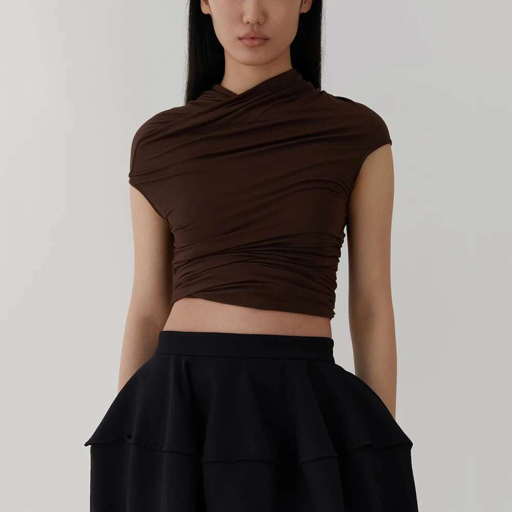 2024 Spring / Summer New Women's T-Shirt Y2k Stereo Rotary Cut Multi-Wear Modal Stretch Slim Sexy One-Shoulder Sleeveless Top