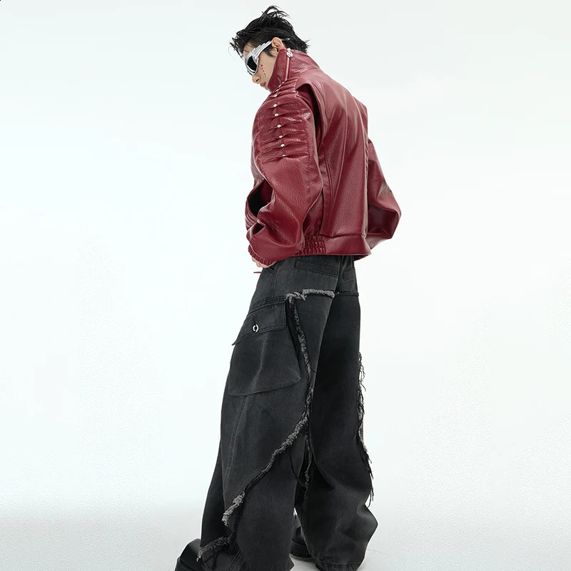 LUZHEN Asymmetric Slant Zipper Placket Wave Shoulder Stand Neck Leather Jacket Mens Original Street Coat LZ8424 250214