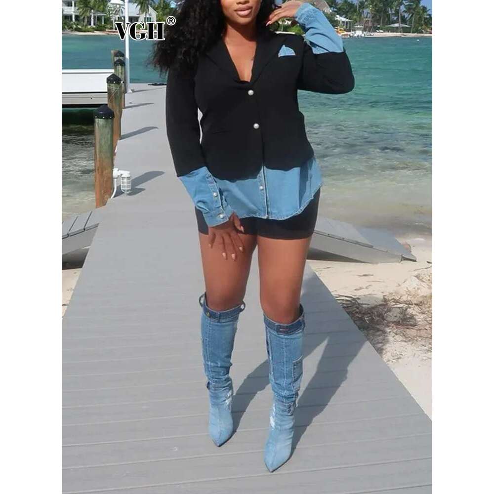 Casual Patchwork Denim Blazers For Women Notched Collar Long Sleeve Hit Color Fashion Design Blazer Female Clothing Style