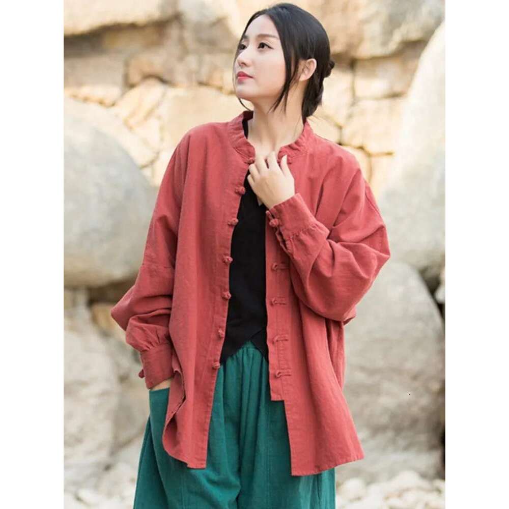 Johnature Women Chinese Style En And Tops Stand Long Sleeve Blouses 2024 Spring New Solid Color Button Vintage Shirts