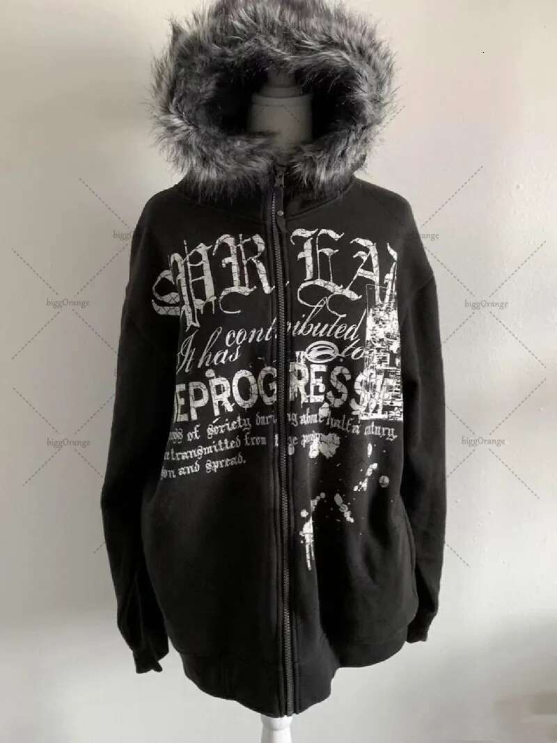 Haruku Y2K Streetwear Jacket High Street Retro Fur Collar Zipper Hoodie Women Gothic Punk Letter Print Oversized Sweatshirt