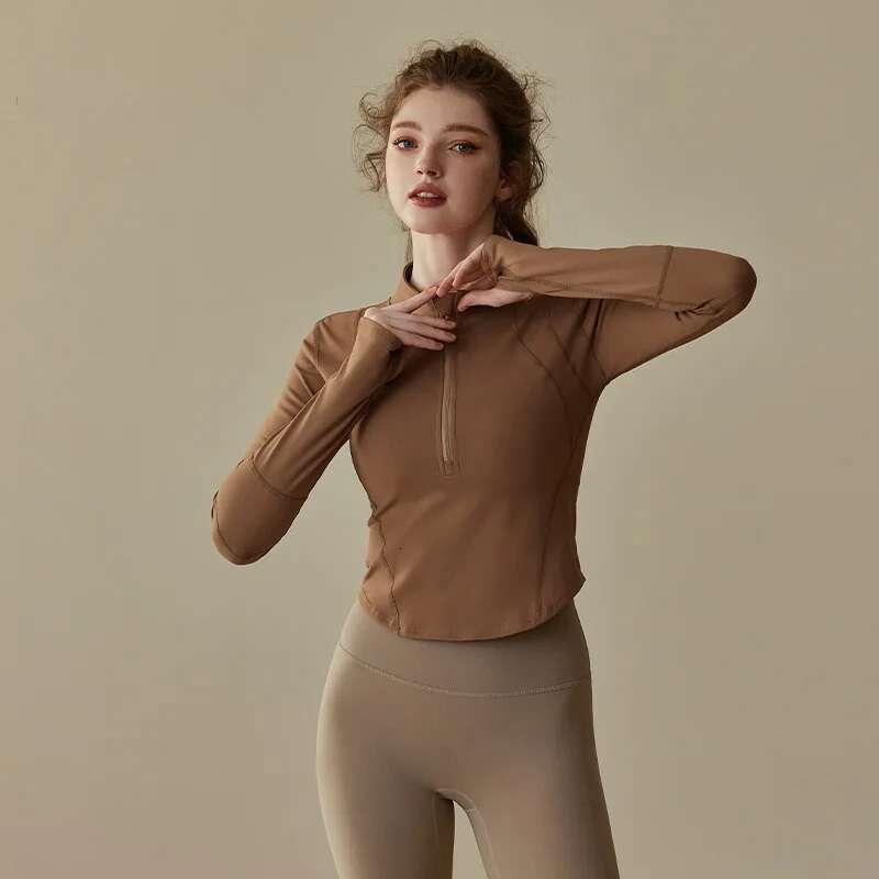 2025 New Cashmere Half Zipper Yoga Dress Top Female Spring Running Long Sleeve Pilates Slimming Fiess Clothes
