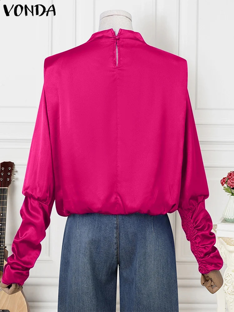 Plus Size VONDA Elegant Ruffled Blouse Fashion Shirts Women Casual Lantern Long Sleeve Tops Stand Collar Solid Color Blouses 250210