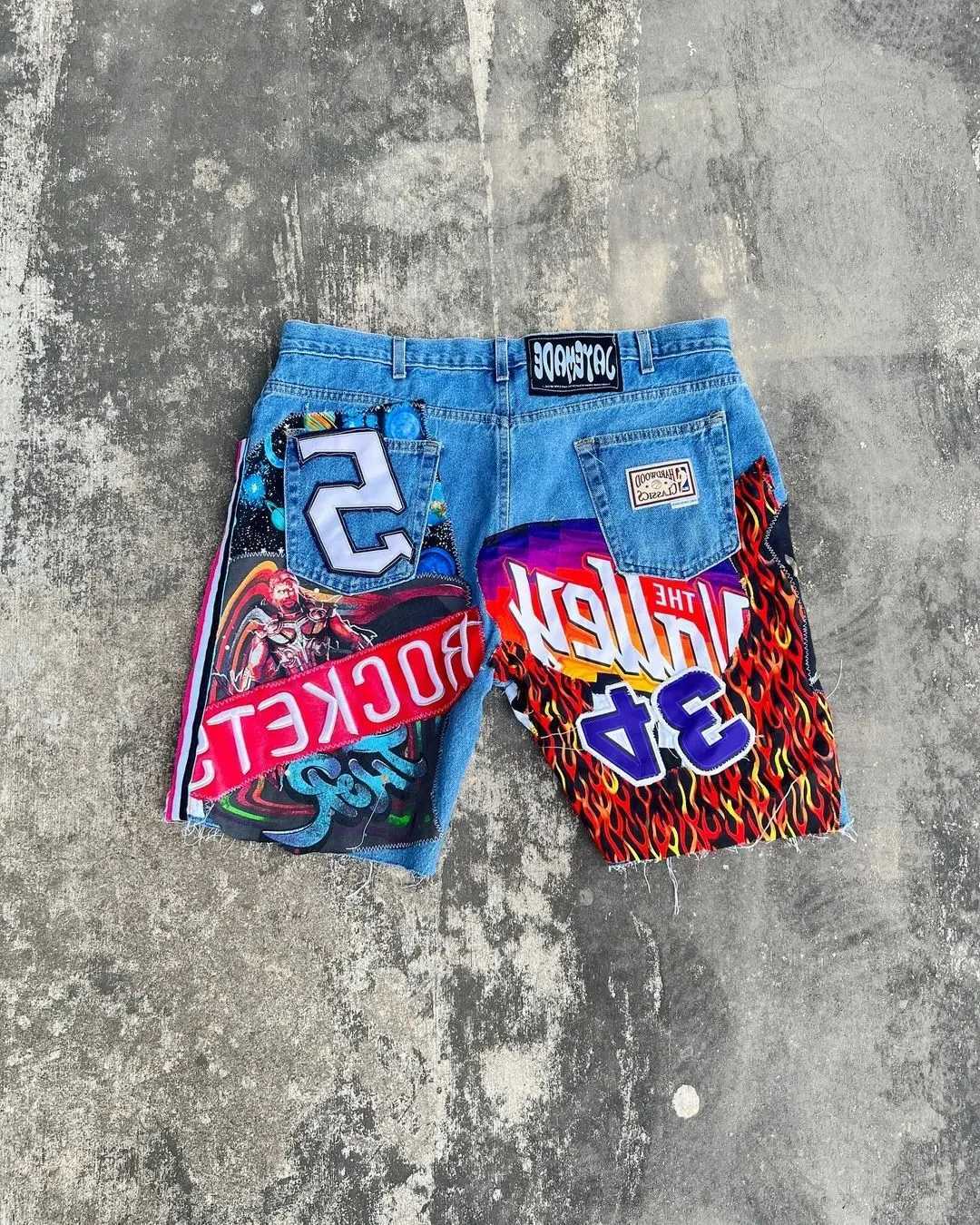 Patchwork Design Shorts Y2K Jeans Men Women Hip Hop Cartoon Graphics Embroidered Retro Blue Denim Fitness Shorts Casual ShortsT250215