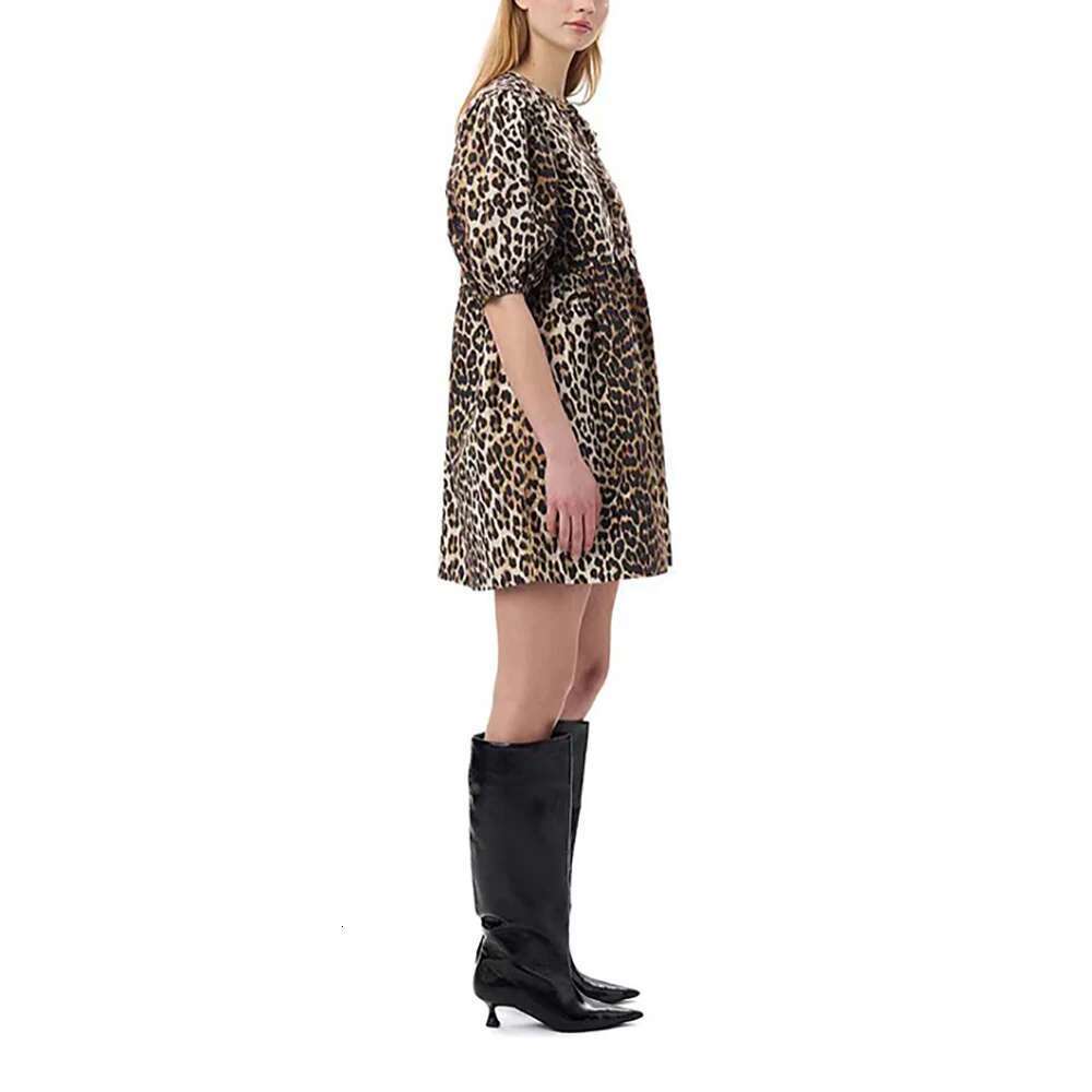 Cotton Women's Y2k Front Tie Leopard Print Fashion Temperament Commuter Bubble Sleeve Dress 2025 Early Fall New