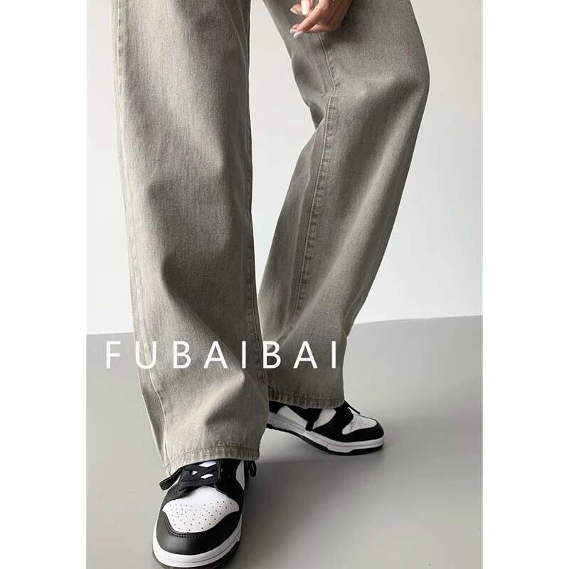 Grey Womens Jeans High Waist Vintage Straight Baggy Pants Streetwear American Style Fashion Casual Wide Leg Denim Trouser
