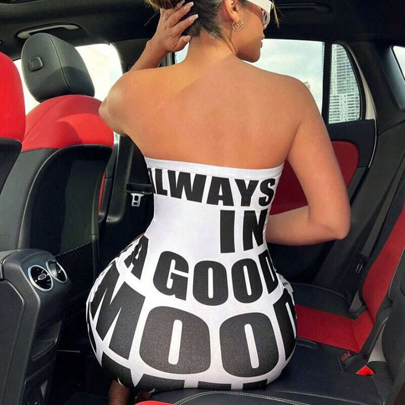European and American style letter printed one shoulder strapless sexy spicy women's wear ur slim fit dress 2025 temperament versatile new trend 
