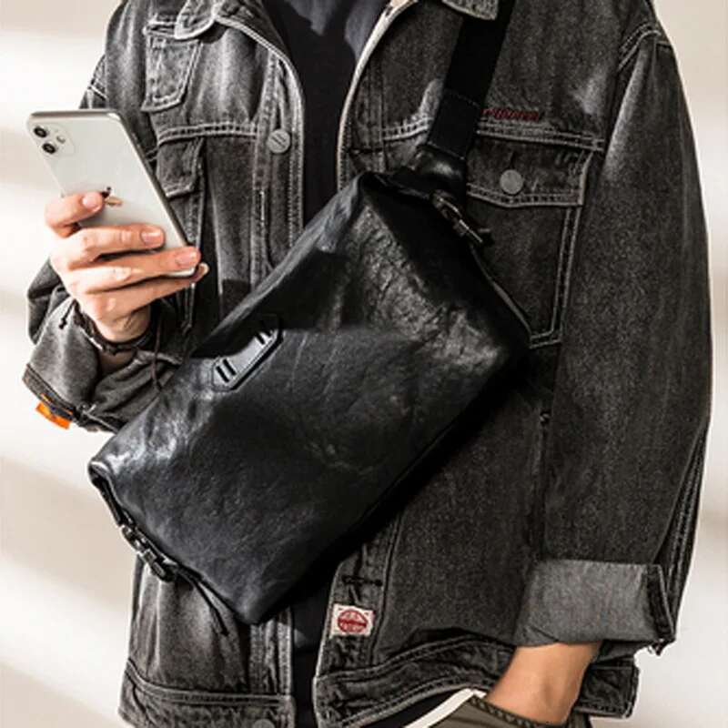 AETOO Leather Simple Men's Messenger Ins Tide Brand Boys Sports Backpack Cowhide Japanese Fashion Trend Shoulder Bag