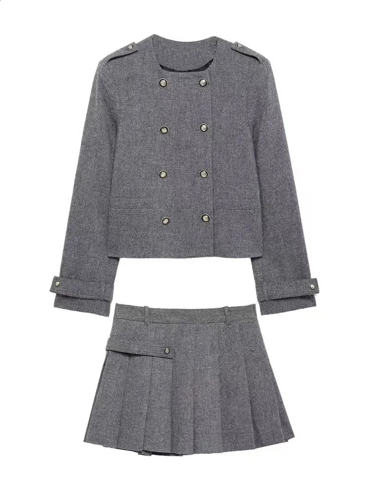 Elegant Crop Jacket Mini Skirts Sets O-neck Double Breasted Coats Pleated A Line Skirt Autumn Fashion Office Lady Outfits 250210