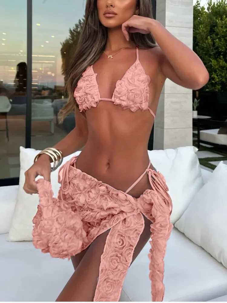 Bikini Bodysuit Swimwear Women With Skirt Bathing Suit Summer New Ruffle Splice Print Beachwear Holiday Bikini Cover Ups OutfitsT250214