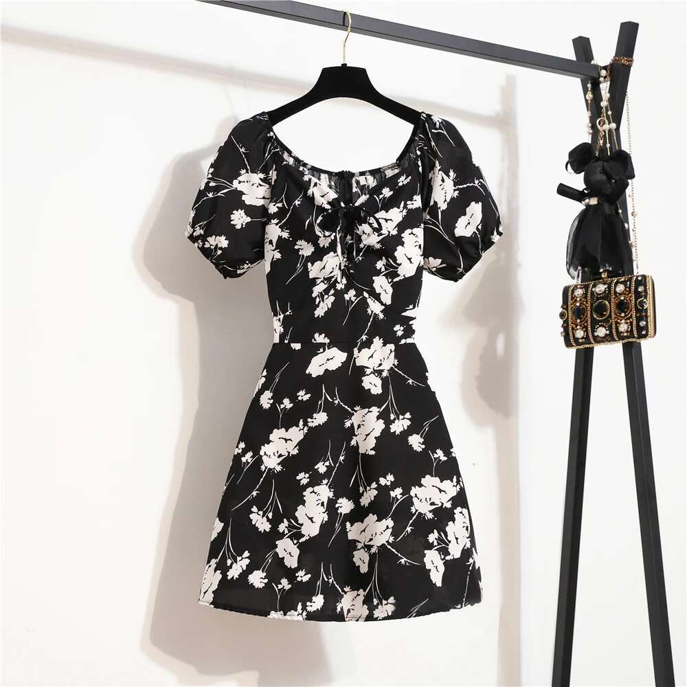 Women Mini Summer Fashion Female Vestidos Print Ral Chiffon Dresses Shirring Pleated Short Puffy Sleeve Casual Dress