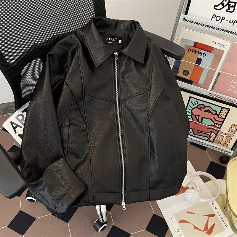2025S designer with a high-end feel cleanfit black trendy brand men leather jacket handsome spring and autumn American short zipper motorcycle jacket