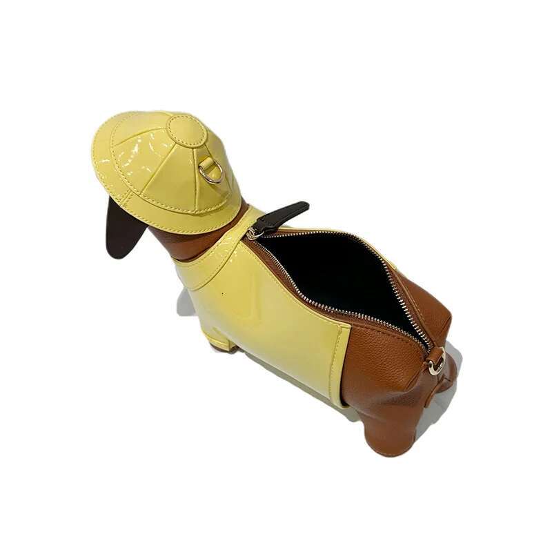 Brand Cute Dahund Genuine Leather Yellow Hat Brown Puppy New Origina Shoulder Crossbody High-End Creative Lady Bag