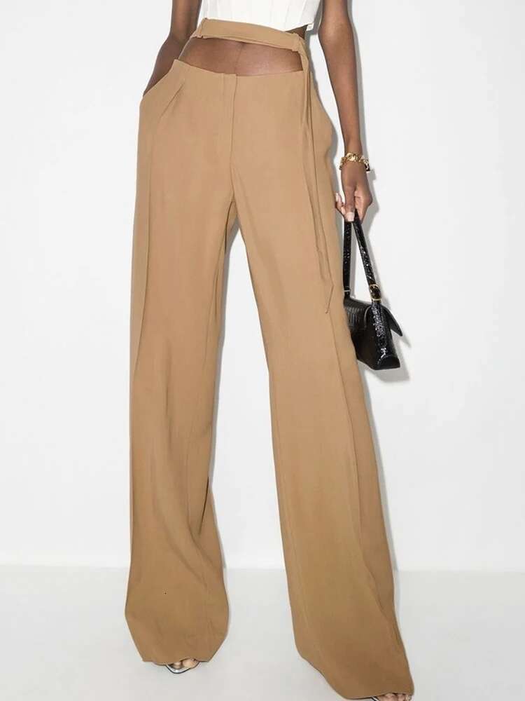 Khaki Bandage Blazer Wide Leg Pants Two Piece Suit New Lapel Long Sleeve Women Fashion Tide Spring Autumn 2025 1Dh4857