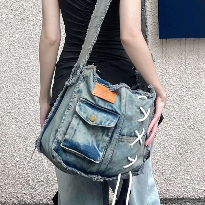 Niche Design Sense Furred Edge Denim Students Commuting Large Capacity Single Shoulder Crossbody Bag Fashion For Women