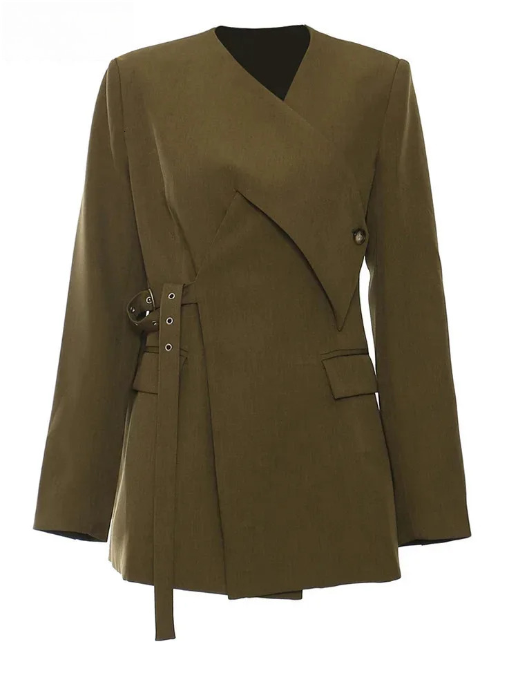 Women Green Corss Bandage Pocket Elegant Blazer New V-Neck Long Sleeve Jacket Fashion Tide Spring Autumn 2025 1Dh7482