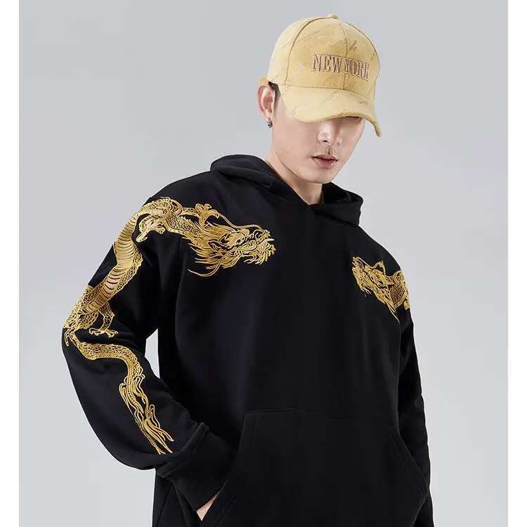 Vintage Men Dragon Embroidery Hoodies Women Hip Hop Hooded Sweatshirt Chinese Streetwear Hoody Cotton Cool Fashion 2023