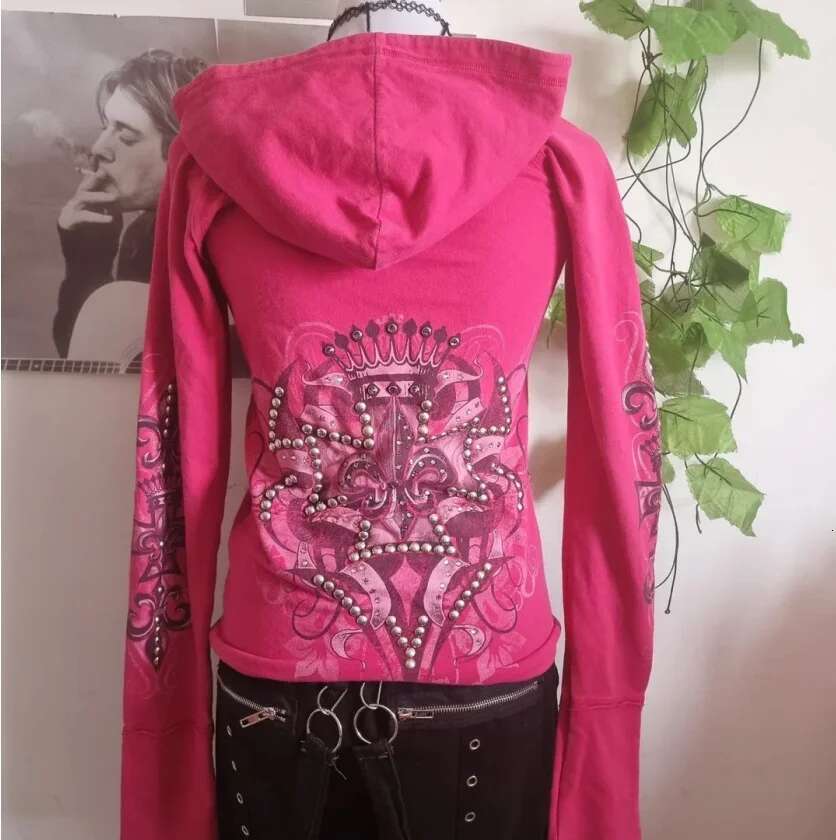 Gothic street Haruku exquisite dia print zipper hooded for women retro casual design y2k style slim cardigan jacket