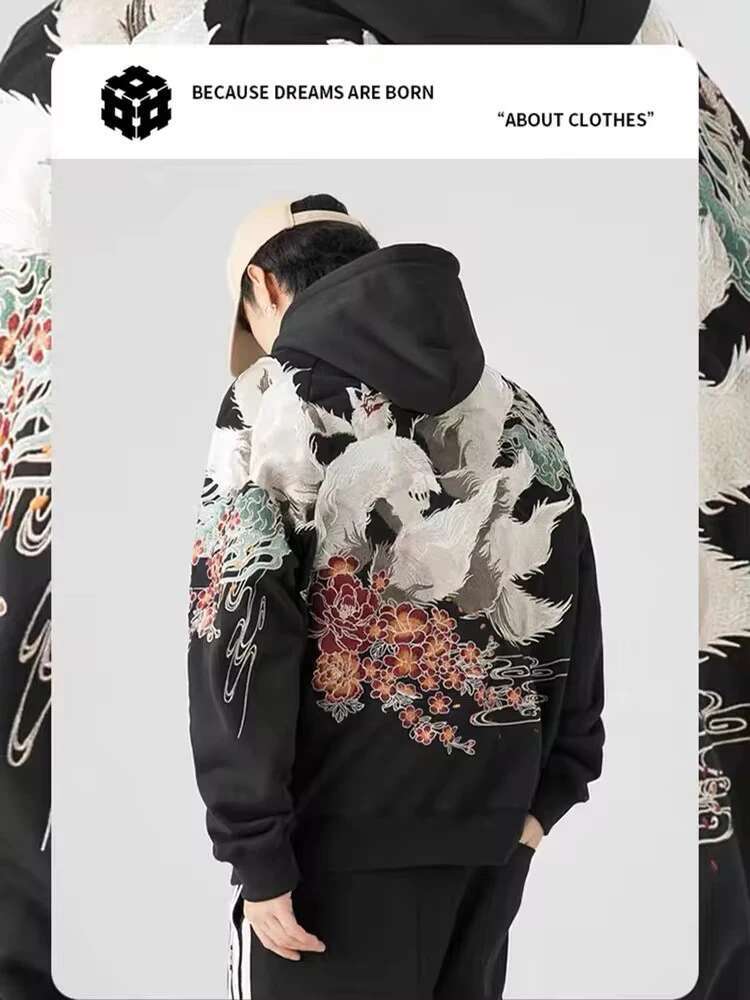 High Quality Embroidery Man Women Hoodies Haruku 100% Cotton Hooded Sweatshirts Autumn Long Sleeve Black Pullover Loose Tops