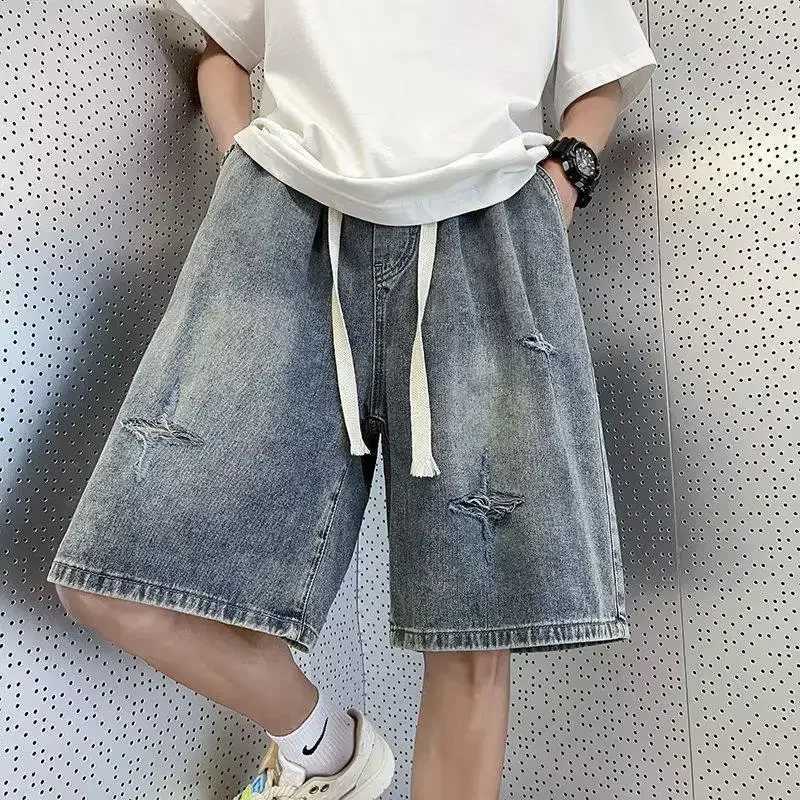 2023 Trendy Denim Shorts Mens Summer Style Star Pattern Holeed Jeans American Vintage Blue Pine Needle PrintedT250215