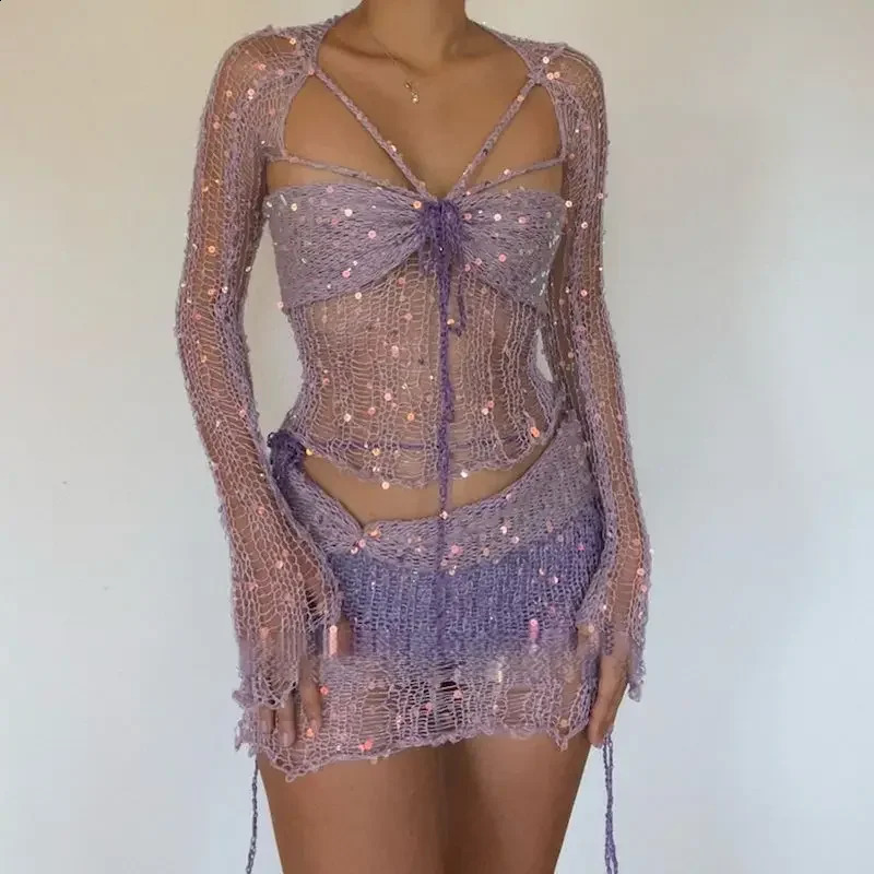 Sexy Sequins Knitted Hollow Out Two Piece Set Women Long Sleeve Cropped Top Mini Skirts Fashion Skirt Sets Female Outfits 250214