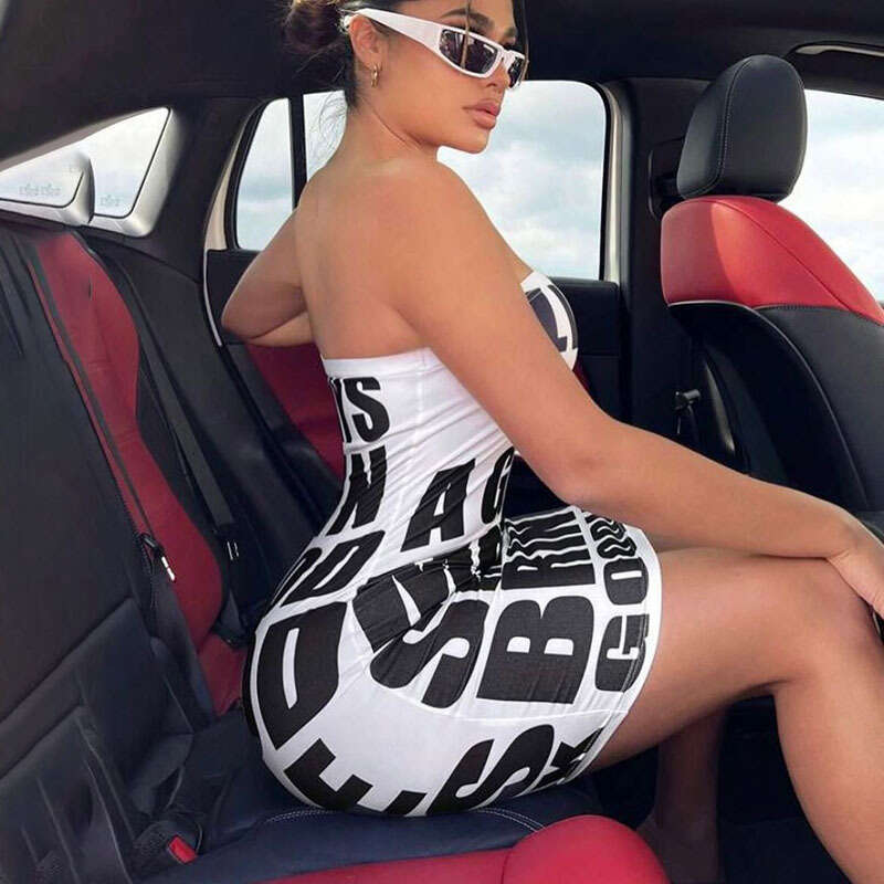 European and American style letter printed one shoulder strapless sexy spicy women's wear ur slim fit dress 2025 temperament versatile new trend 