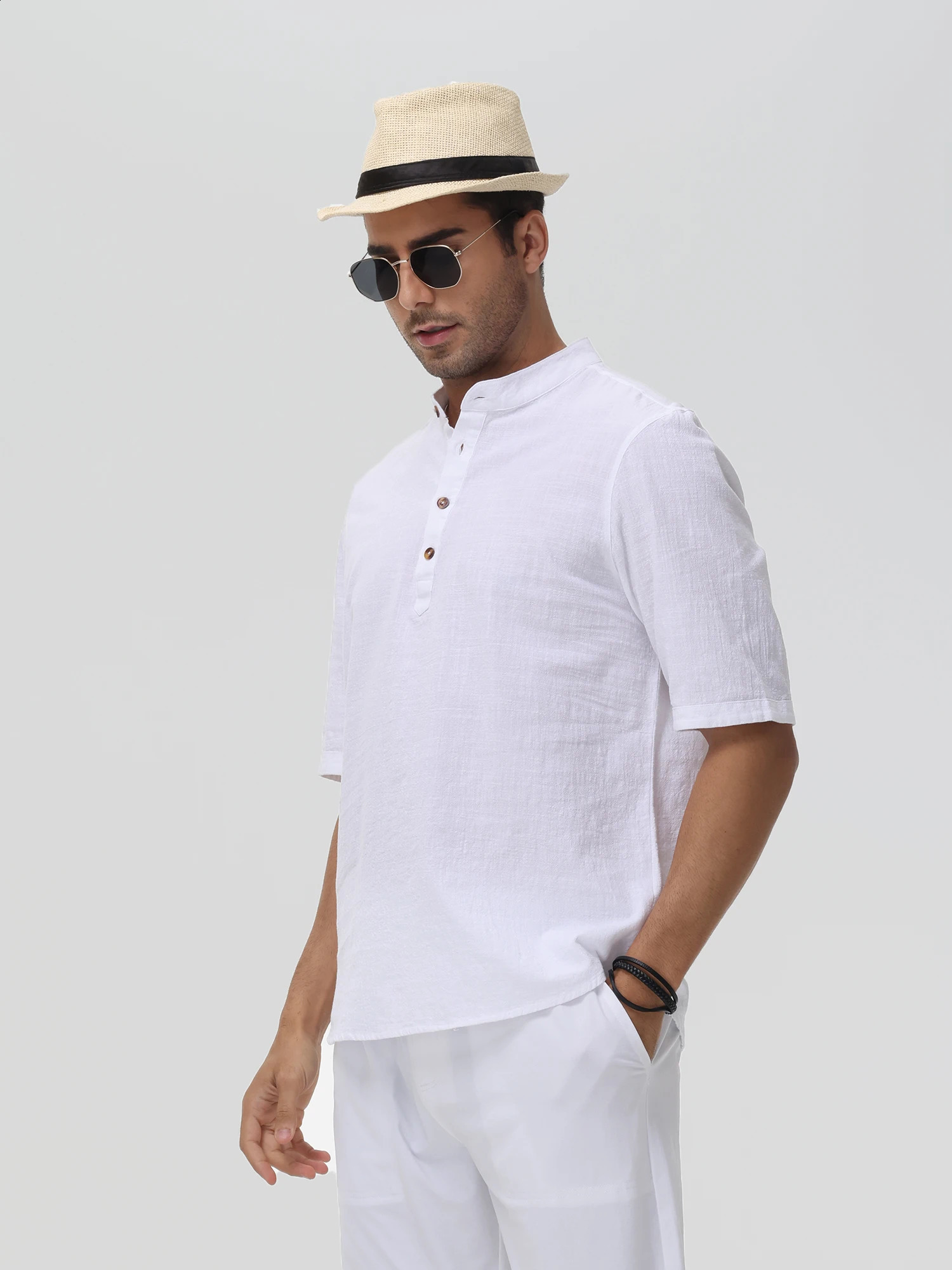 Mens Breathable Cotton Short Sleeve Shirts Solid Color Stand-Up Collar Tops Hawaii Beach Henley Shirts 250213