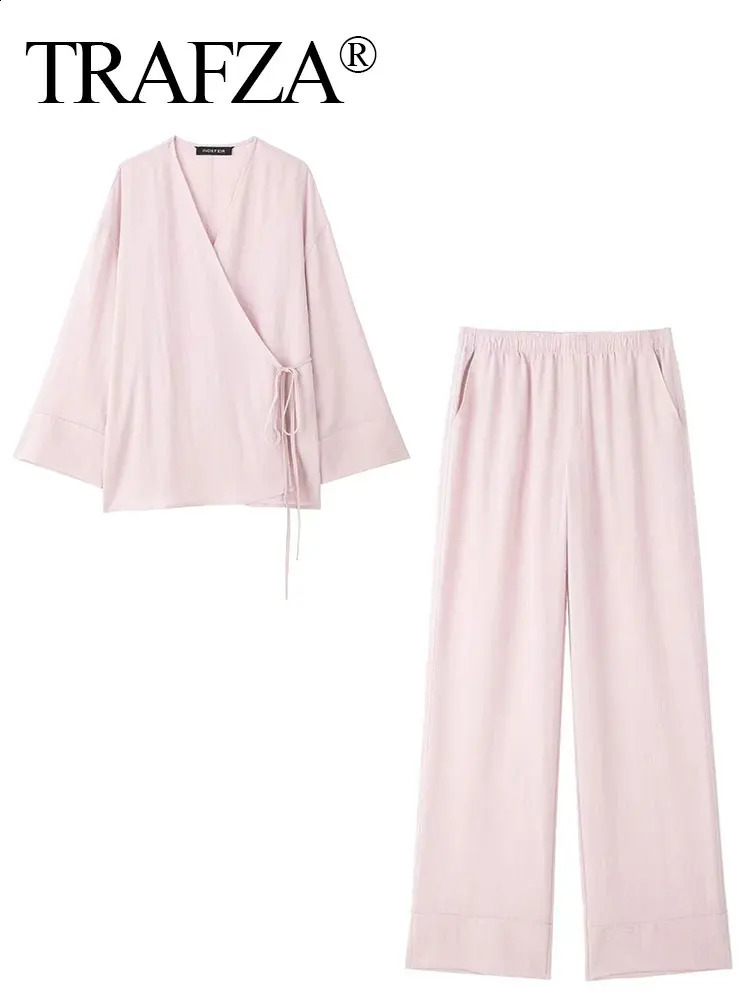 TRAFZA Women Vintage Solid Pajama Style Blouse Pants Sets V Neck Long Sleeve Lace Up Shirt Elastic Waist Trousers Loose Outfit 250213