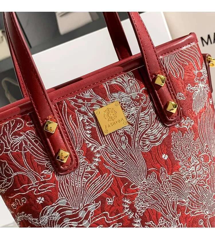 Fashion Embroidery Red Color Bucket Large Capacity Women's Handbag Tote Lady Purse Shoulder Messenger Wedding Bag
