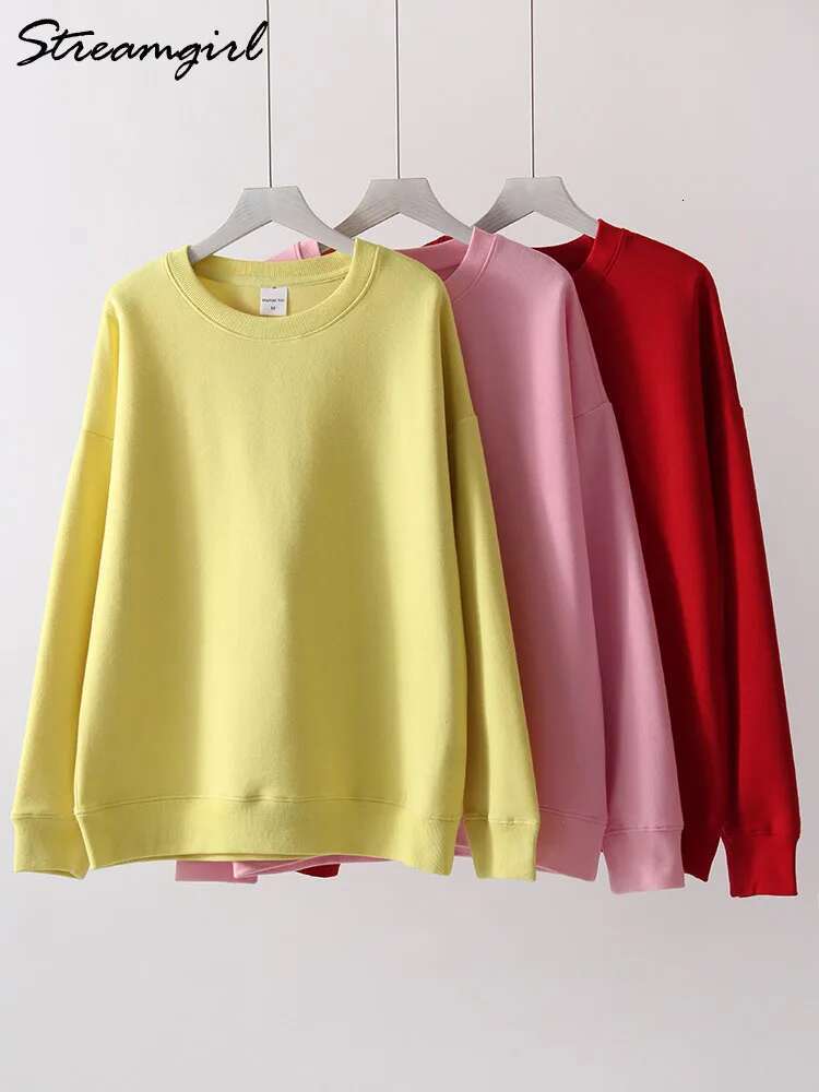No Hood Cotton Long Sleeve Tops Basic Solid O Neck Sweatshirts For Women Oversized Pullovers Spring