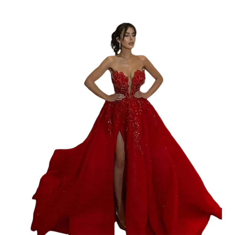 Luxurious Red Sweetheart Prom Dresses Beaded Side High Split Long Tulle Evening Gown Detachable Train Sleeveless Sexy Pageant Dress Special Occasion