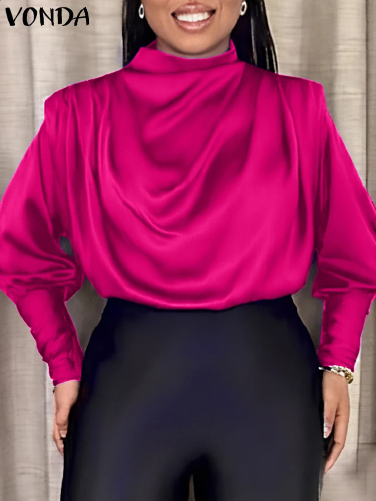 Plus Size VONDA Elegant Ruffled Blouse Fashion Shirts Women Casual Lantern Long Sleeve Tops Stand Collar Solid Color Blouses 250210