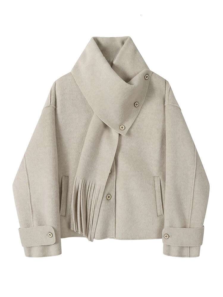 Black Gray Big Size Casual Woolen Coat New Scarf V-Neck Long Sleeve Women Jacket Fashion Tide Autumn Winter 2025 30A2749