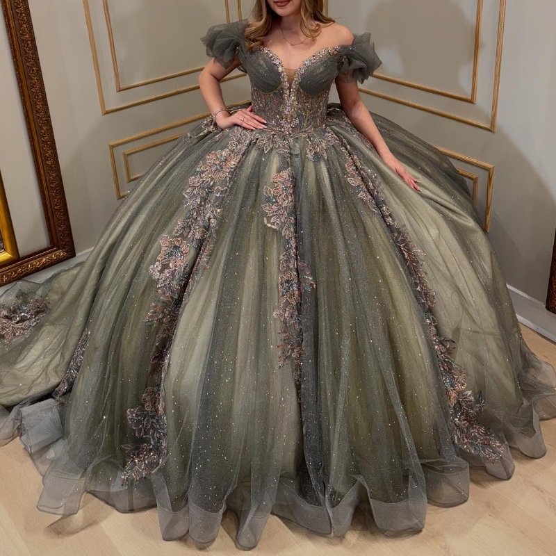 Olive Green Shiny Quinceanera Dresses Ball Gown Off The Shoulder Applique Lace Beading Crystal Tull Party Birthday Sweet 16 Dress Vestidos 15 anos