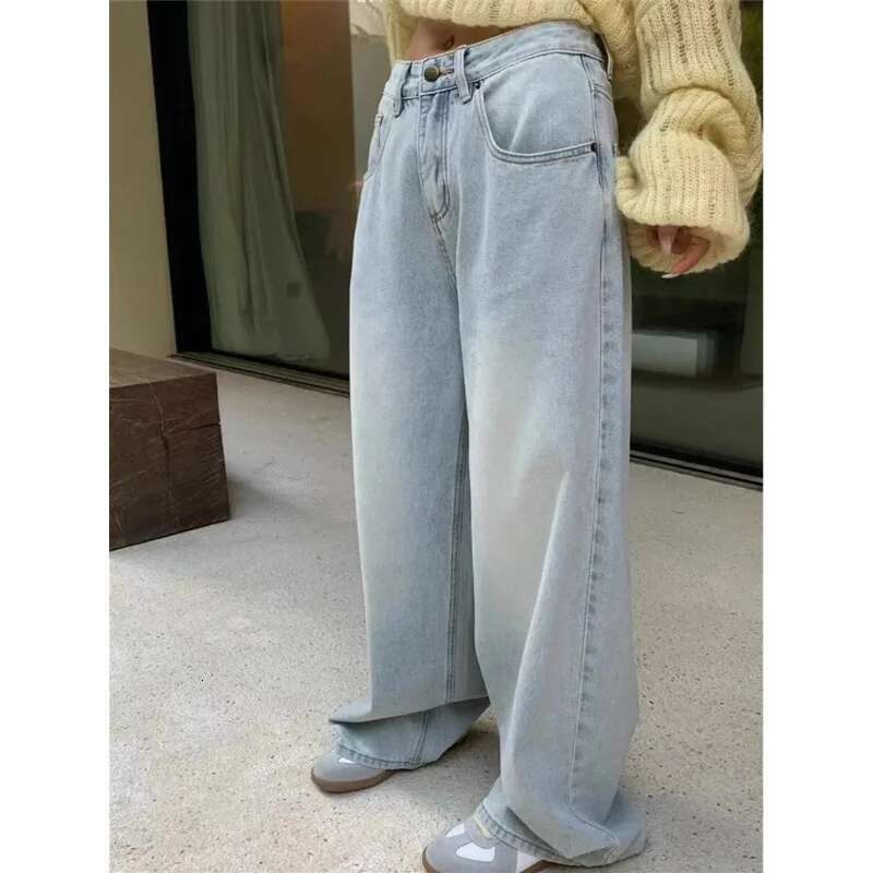 Blue Jeans Women High Waist American Plus Size Wide Leg Vintage Straight Baggy Casual Denim Trousers Mom Oversize Pants