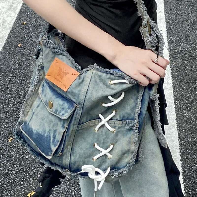 Niche Design Sense Furred Edge Denim Students Commuting Large Capacity Single Shoulder Crossbody Bag Fashion For Women