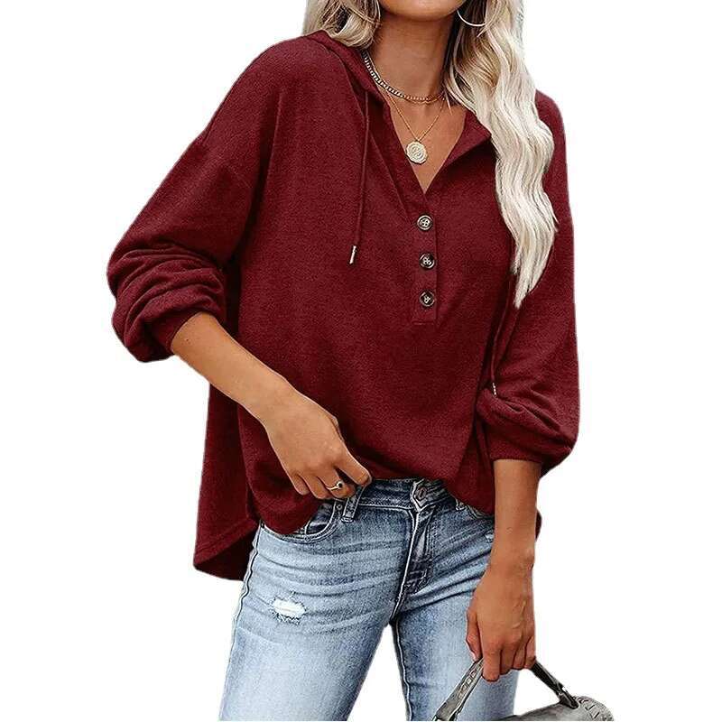 European and American loose V-neck long-sleeved hoodie women's sports hooded coat