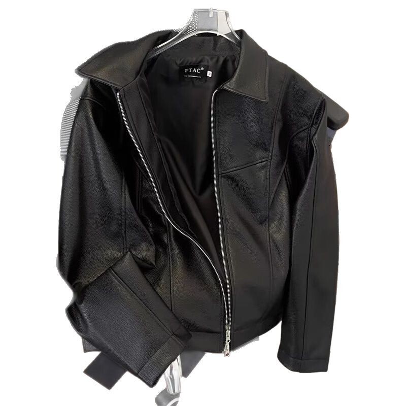 2025S designer with a high-end feel cleanfit black trendy brand men leather jacket handsome spring and autumn American short zipper motorcycle jacket