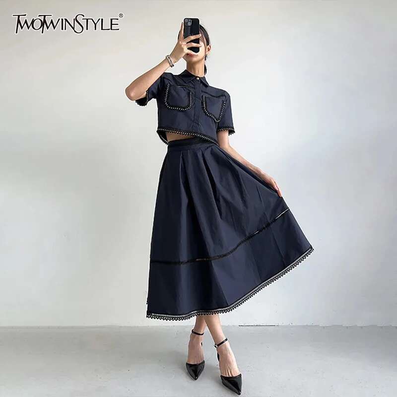 Casual Two Piece Set For Women Lapel Short Sleeve Top High Waist A E Skirt Minimalist Sets Female Fashion New