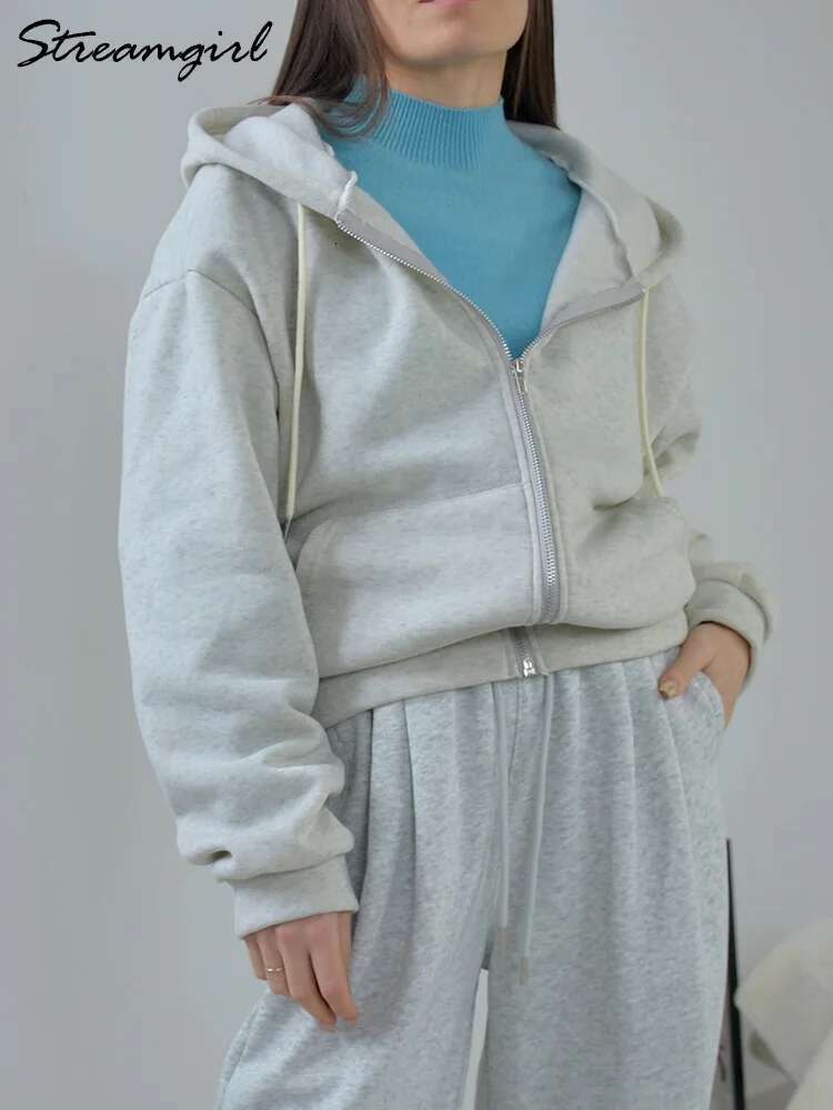 Streamgirl Short Zipper Oversized Jackets 2024 Spring Gray Sweatshirts With Hood Cotton Women Korean Hoodies Tops