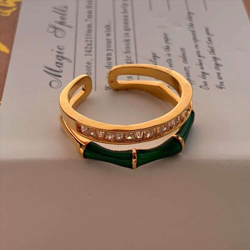 Hot sale Designer ring for women Chinese style green bamboo knot gold-plated Mozambique diamond high-end open ring luxury jewelry party gift wedding f